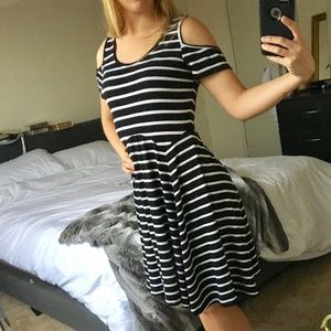Ripped Striped Open Shoulder Dress